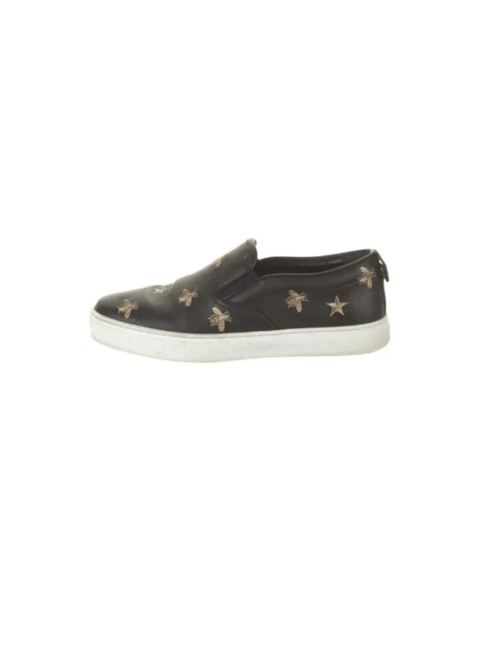 Gucci Mens Black Leather Bee & Star Embroidered Slip-On Loafers